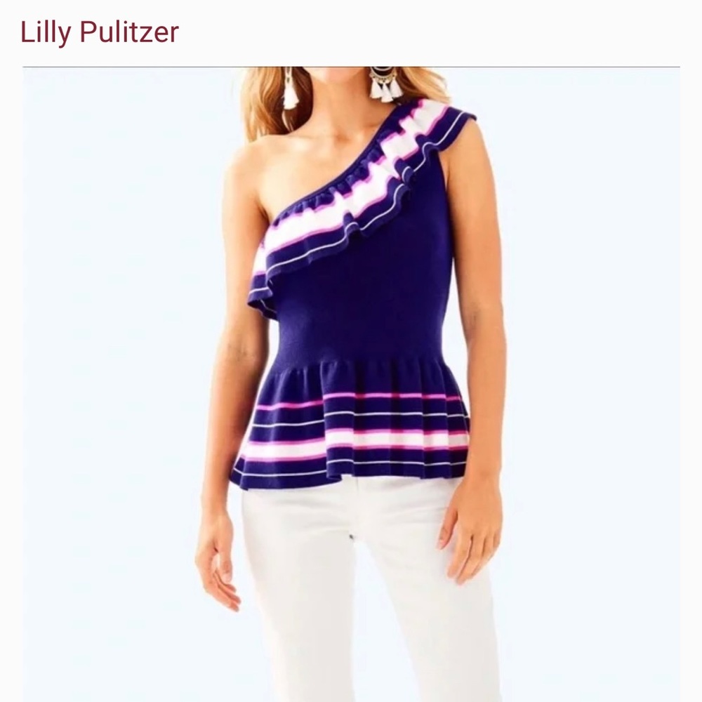 Lilly Pulitzer Mandarina One Shoulder Sweater Tank Ruffle Peplum Navy Stripe